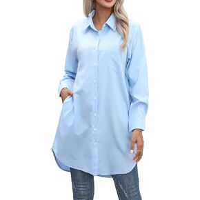 Women's Casual Button Down Shirts Long Sleeve Oversize Blouse Loose Shirt Dress with Side Pockets