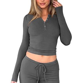 Womens Long Sleeve Henley Tops Ribbed Knit V Neck Crop Top Button Up Basic Tees Y2k Blouses Tight Shirts