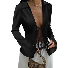 Cicy Bell Womens Sexy Tie Front Satin Shirts Deep V Neck Silk Club Tops Long Sleeve Y2k Going Out Blouse