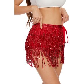 Kepblom Women's Sequin Tassel Skirt Sparkly Glitter Belly Dance Wrap Hip Scarf for Rave Costume