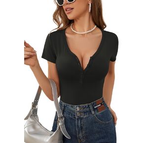 Womens Short Sleeve Basic T-Shirts V Neck Cute Summer Tops Button Down Slim Fit Tees Y2k Clothing 2024