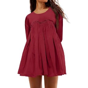 Tankaneo Womens Babydoll Tops Pleated Oversized Long Sleeve Loose Fit Round Neck Tunic Shirts