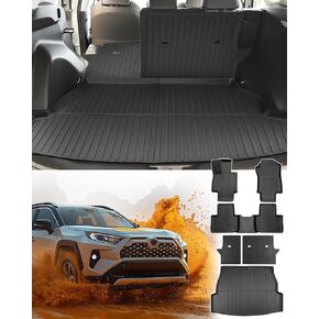 for Toyota Rav4 Floor Mats 2019-2024 (Incl. Gas & Hybrid) with Cargo Liner Back Seat Backrest Cover Protector, All-Weather TPE Rubber Waterproof Car Mat Full Set for Toyota Rav4 Accessories