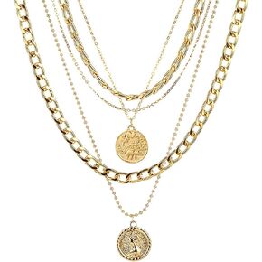 Todenb Layered Gold Pirate Necklace for Women Chunky Chain Pirate Jewelry 80s 90s Coin Pendant Necklace Pirate Costume Accessories