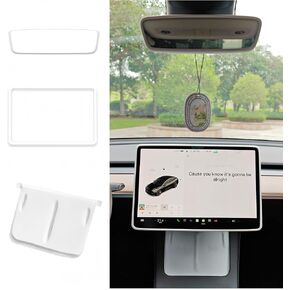 Tesla Model 3 Model Y Accessories of Screen Protector Frame + Center Console Wireless Charging Silicone Pad + Interior Rear View Mirror Cover 3pcs 3in1 (Pink)