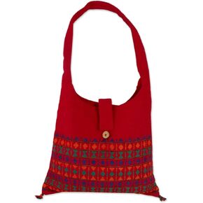 NOVICA Artisan Handmade Cotton Shoulder Bag Red India Wood Handbags Embroidered Embellished ' Crimson Tease'
