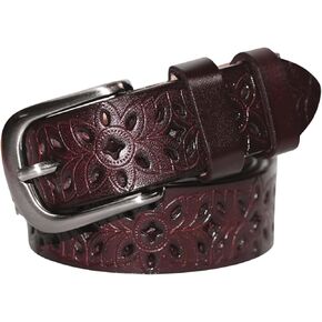 OYOANGLE Women's Leather Floral Hollow Out Waist Belts Vintage Pin Buckle Belt for Jeans Pants