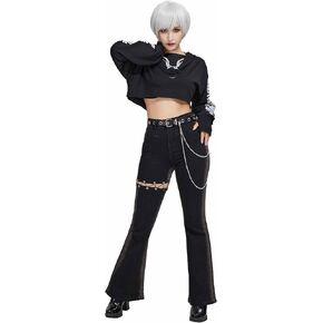 Women's Y2K Gothic Casual Bell Bottom Flared Jeans Pants with Waist Belt and Chain Accessories