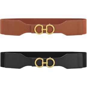 AWAYTR Women Wide Elastic Waist Belt - 2 Pack Ladies Stretchy Skinny Belt for Dresses with Gold Buckle