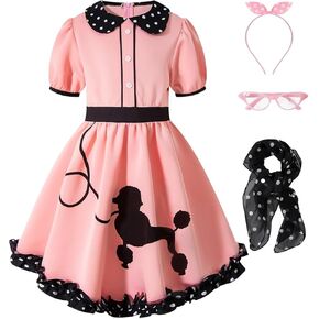 Kids Girls 50s Poodle Dress 1950s Halloween Costume Skirt Set