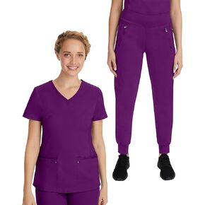 مجموعة فرك الأيدي العلاجية للنساء مجموعة اليوغا جولييت توب 2245 جولييت مع سروال تارا سكرب 9233 مع قماش مطاطي في اتجاهين، باذنجاني - قميص L / سروال L in Kuwait