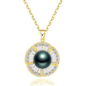 Gifts for Women-Tahitian-Black-Pearl-Necklace-Gift for Wife Wedding Birthday Anniversary-Mom Girlfriend Her Mothers Day Valentines Day Christmas-18K Gold Plated Sterling Silver Pearl Pendant NO030