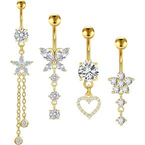 Incaton 14G Belly Button Rings Butterfly Heart Diamond, Stainless Steel Dangle Belly Rings For Women, 6mm Short Bar/ 10mm Hypoallergenic Navel Piercings