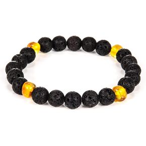 Natural Baltic Amber - Lava Bracelet for Adults (Women/Men) - Hand made From Lava and Polished/Certified Baltic Amber Beads(3 Colors- 2 Sizes) (BLACK LAVA BEADS -HONEY AMBER BEADS, 7)