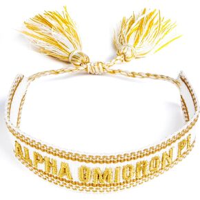 Sorority Shop Alpha Omicron Pi Bracelet — Woven Bracelet, White and Gold Design with AOP Sorority Name and Tassels, Greek Sorority Jewelry and Big Little Sorority Gifts