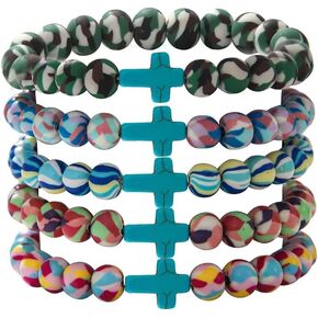 5Pcs Bohemian Starfish Sea Turtle Cross Bracelet Elastic Polymer Clay Beaded Stretch Bracelet Summer Beach Colorful Tortoise Bracelet for Women Men Jewelry