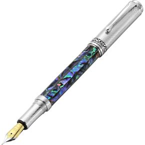 Xezo Maestro Fountain Pen, Fine Nib. Natural Abalone Sea Shell with Pure Platinum Plating. Handcrafted, Limited Edition, Serialized