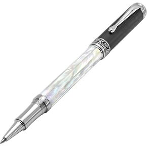 قلم Xezo Maestro Rollerball، ذو نقطة رفيعة. ترصيع صدفة أذن البحر الطبيعية بطلاء من البلاتين النقي. مصنوع يدويًا، إصدار محدود، متسلسل