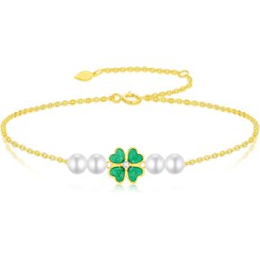 SISGEM 14k Gold Four Leaf Clover Bracelet for Women, Real Freshwater Cultured Pearl Lucky Jewelry Gifts for Her, 6.8"-8.4"