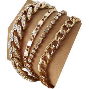 Kercisbeauty 4pcs Tennis Miami Cuban Link Chain Bracelet Set for Women Rhinestones Chain Bracelet Party Boho Dainty Jewelry (Gold)