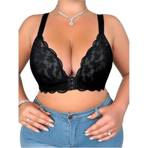 SOLY HUX Women's Plus Size Front Closure Bra Lace Sheer Criss Cross Bralettes with Adjustable Straps