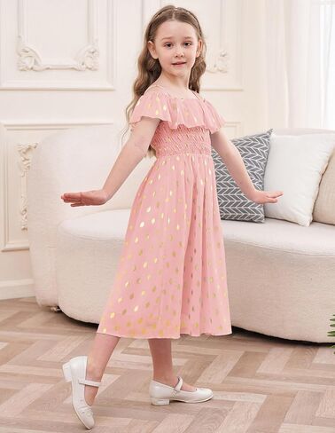 GRACE KARIN Girls Off Shoulder Dress Sleeveless Ruffle Spaghetti Straps Smocked A-Line Chiffon Dress 5-14Y in Saudi Arabia