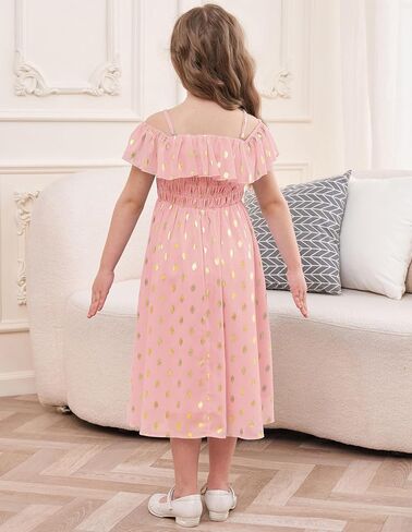 GRACE KARIN Girls Off Shoulder Dress Sleeveless Ruffle Spaghetti Straps Smocked A-Line Chiffon Dress 5-14Y in Saudi Arabia