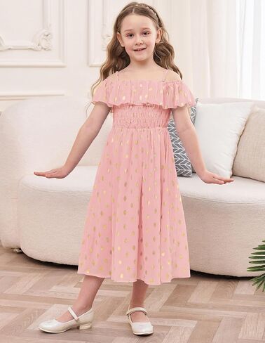 GRACE KARIN Girls Off Shoulder Dress Sleeveless Ruffle Spaghetti Straps Smocked A-Line Chiffon Dress 5-14Y in Saudi Arabia