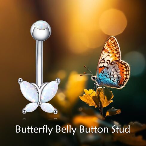 POPLYKE فراشة البطن خاتم على شكل زر 925 فضة استرخى لطيف أوبال خاتم ثقب البطن للنساء in Kuwait