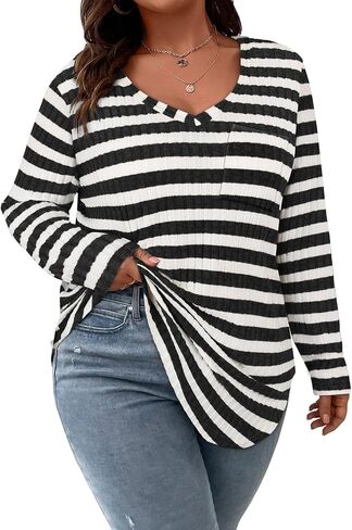 Koscacy Women Plus Size Casual Knit Sweater with Pocket V Neck Solid Color Tops Lightweight Long Sleeve Blouses in Saudi Arabia