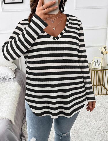 Koscacy Women Plus Size Casual Knit Sweater with Pocket V Neck Solid Color Tops Lightweight Long Sleeve Blouses in Saudi Arabia