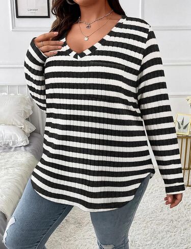 Koscacy Women Plus Size Casual Knit Sweater with Pocket V Neck Solid Color Tops Lightweight Long Sleeve Blouses in Saudi Arabia