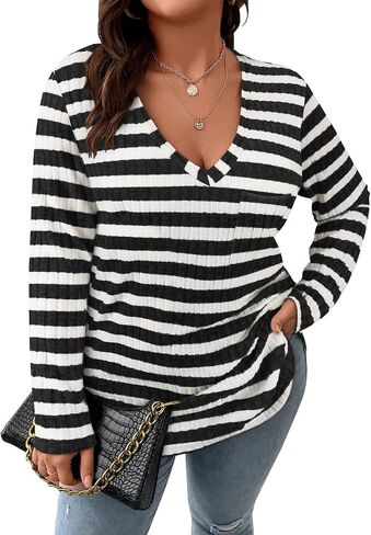 Koscacy Women Plus Size Casual Knit Sweater with Pocket V Neck Solid Color Tops Lightweight Long Sleeve Blouses in Saudi Arabia