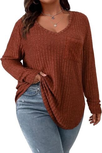 Koscacy Women Plus Size Casual Knit Sweater with Pocket V Neck Solid Color Tops Lightweight Long Sleeve Blouses in Saudi Arabia