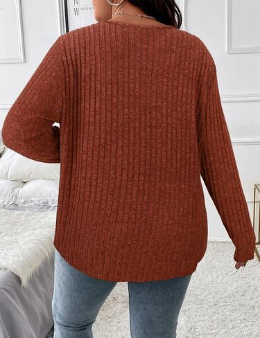 Koscacy Women Plus Size Casual Knit Sweater with Pocket V Neck Solid Color Tops Lightweight Long Sleeve Blouses in Saudi Arabia