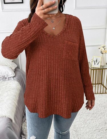 Koscacy Women Plus Size Casual Knit Sweater with Pocket V Neck Solid Color Tops Lightweight Long Sleeve Blouses in Saudi Arabia