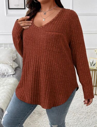 Koscacy Women Plus Size Casual Knit Sweater with Pocket V Neck Solid Color Tops Lightweight Long Sleeve Blouses in Saudi Arabia