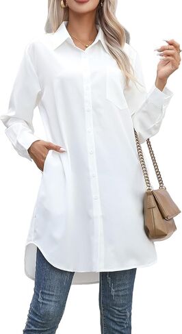 Women's Casual Button Down Shirts Long Sleeve Oversize Blouse Loose Shirt Dress with Side Pockets in Saudi Arabia