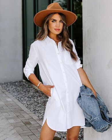 Women's Casual Button Down Shirts Long Sleeve Oversize Blouse Loose Shirt Dress with Side Pockets in Saudi Arabia