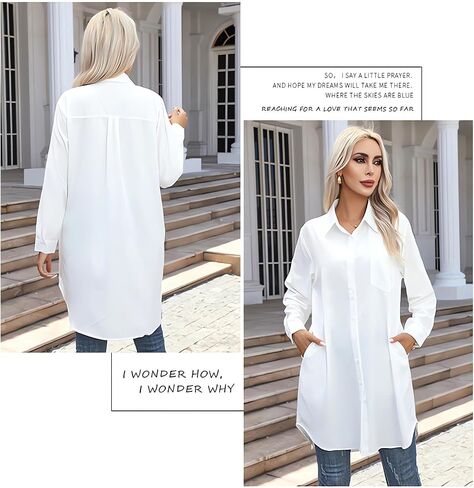 Women's Casual Button Down Shirts Long Sleeve Oversize Blouse Loose Shirt Dress with Side Pockets in Saudi Arabia