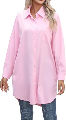 Women's Casual Button Down Shirts Long Sleeve Oversize Blouse Loose Shirt Dress with Side Pockets in Saudi Arabia