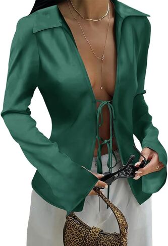 Cicy Bell Womens Sexy Tie Front Satin Shirts Deep V Neck Silk Club Tops Long Sleeve Y2k Going Out Blouse in Kuwait