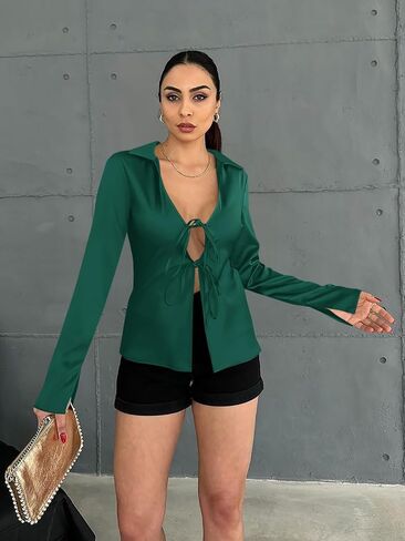Cicy Bell Womens Sexy Tie Front Satin Shirts Deep V Neck Silk Club Tops Long Sleeve Y2k Going Out Blouse in Kuwait