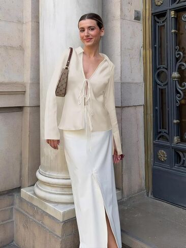 Cicy Bell Womens Sexy Tie Front Satin Shirts Deep V Neck Silk Club Tops Long Sleeve Y2k Going Out Blouse in Kuwait