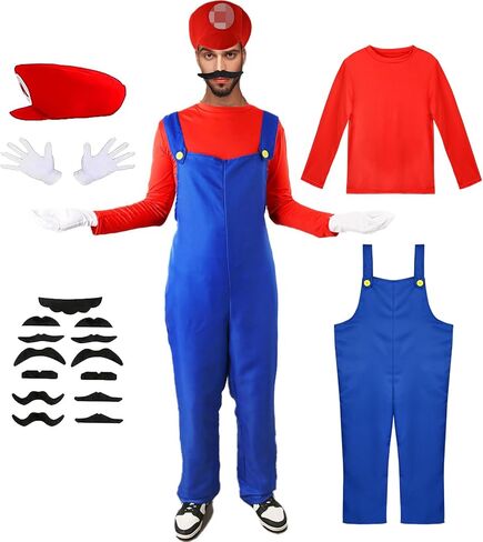 Vermeyen Adult/Kids Plumber Outfit with Hat Mustache Gloves Accessory Halloween Cosplay Costume in Saudi Arabia