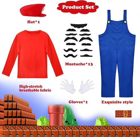 Vermeyen Adult/Kids Plumber Outfit with Hat Mustache Gloves Accessory Halloween Cosplay Costume in Saudi Arabia