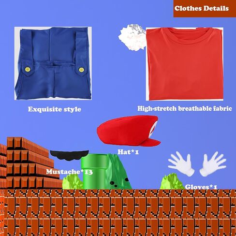 Vermeyen Adult/Kids Plumber Outfit with Hat Mustache Gloves Accessory Halloween Cosplay Costume in Saudi Arabia