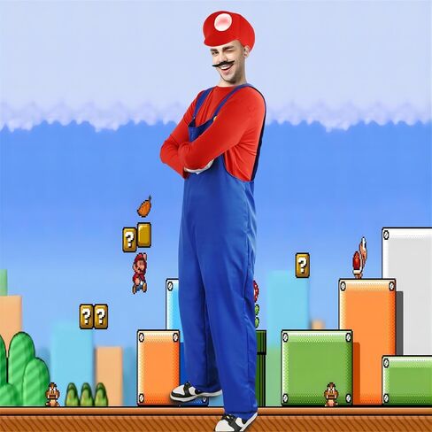 Vermeyen Adult/Kids Plumber Outfit with Hat Mustache Gloves Accessory Halloween Cosplay Costume in Saudi Arabia