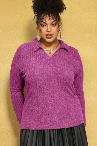 RITERA Plus Size Sweaters for Women Knitted Long Sleeve Tops Fall Winter V Neck Collared Shirts XL-5XL in Kuwait