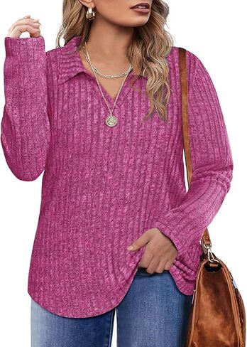 RITERA Plus Size Sweaters for Women Knitted Long Sleeve Tops Fall Winter V Neck Collared Shirts XL-5XL in Kuwait